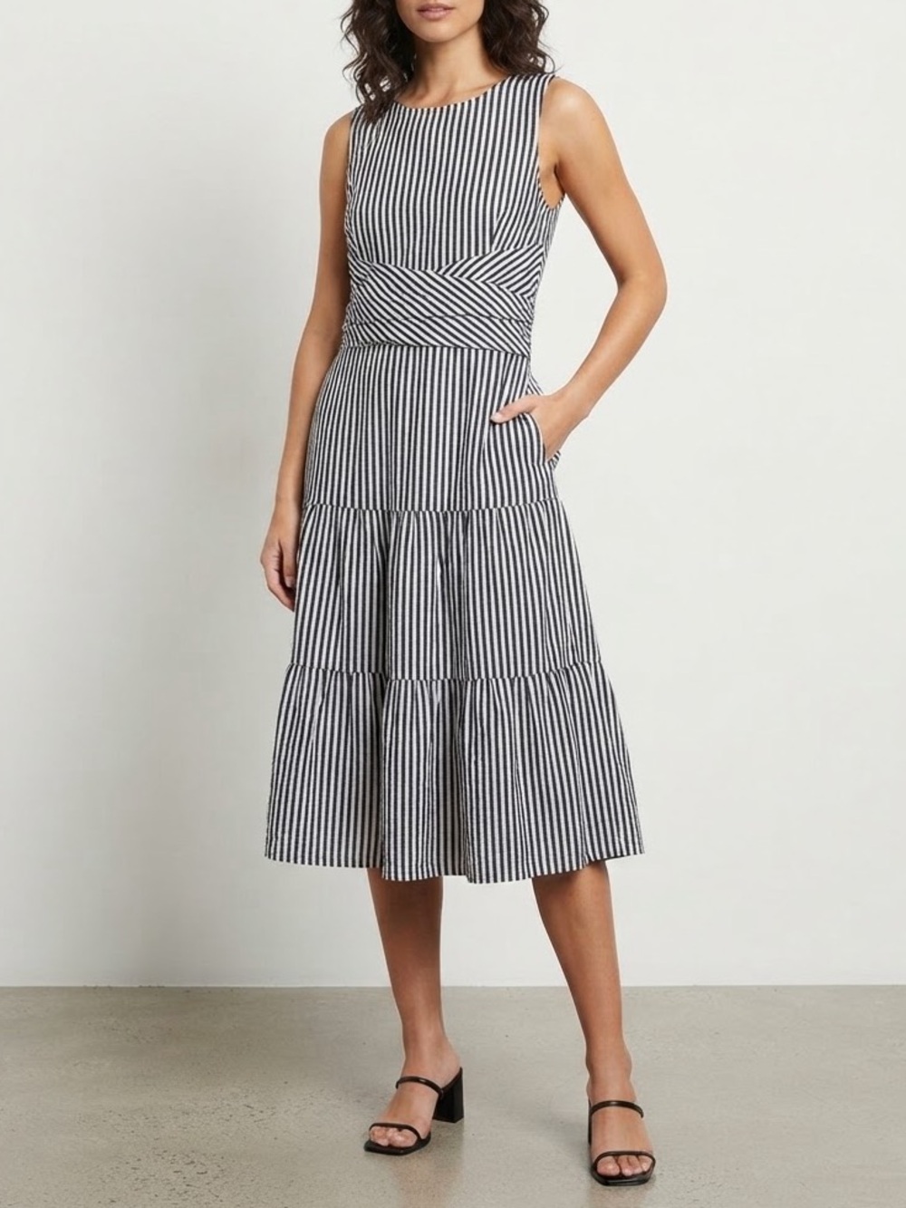 ECI Black and White Striped Tiered Midi Dress